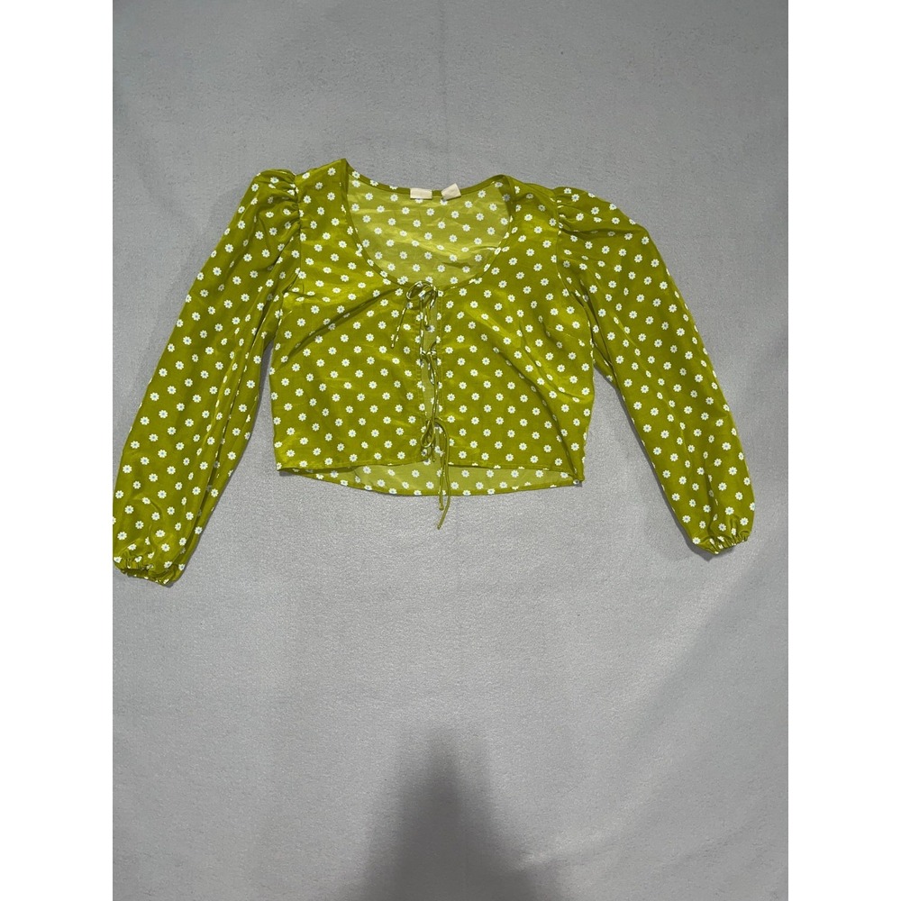 Levi's Embry Tie Peasant Blouse Top Womens Large Olive Green Mini Floral Cropped